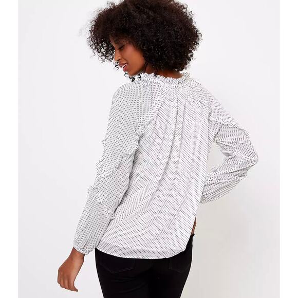 LOFT Ruffle Polka Dot Sheer Blouse, White Black, Romantic Feminine Workwear - Picture 2 of 14